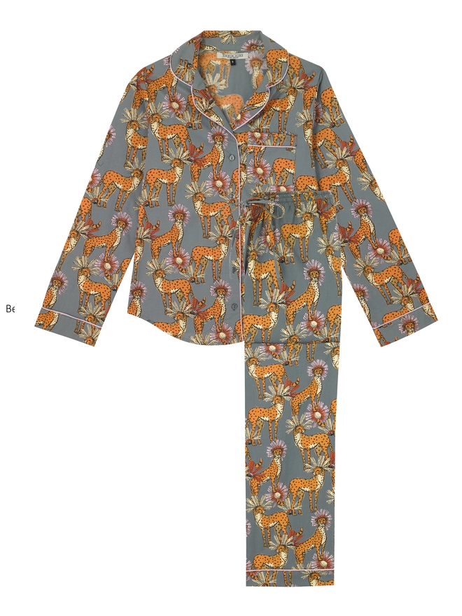 Flat shot of womens Cotton, full length, shirt and trousers Pjs, grey base, cheetah with floral detailing pattern, pink piping