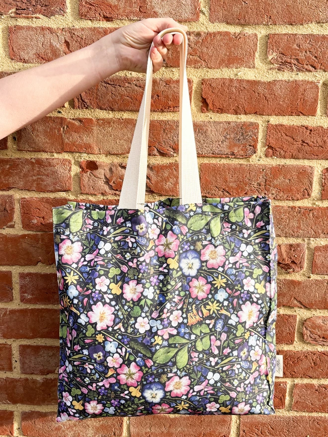 Pressed Flower Shopping Bag Against Brick Wall - Strong Handles, the Perfect Gift for Nature Lovers