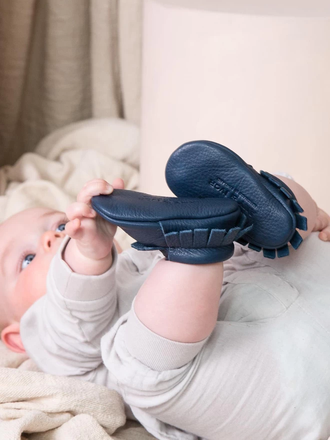 Ink Blue Handmade Leather Baby Moccasins