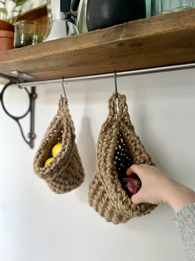 Small and Large Natural Jute Hanging Storage Basket, handmade sustainable crochet decor, rustic natural organic homeware accessories , brown strong jute storage solution, kitchen bathroom bedroom hanging storage bag