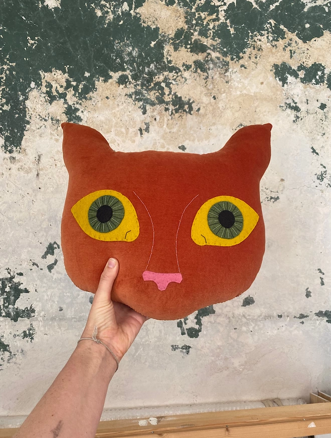 ginger cat cushion held against a vintage wall