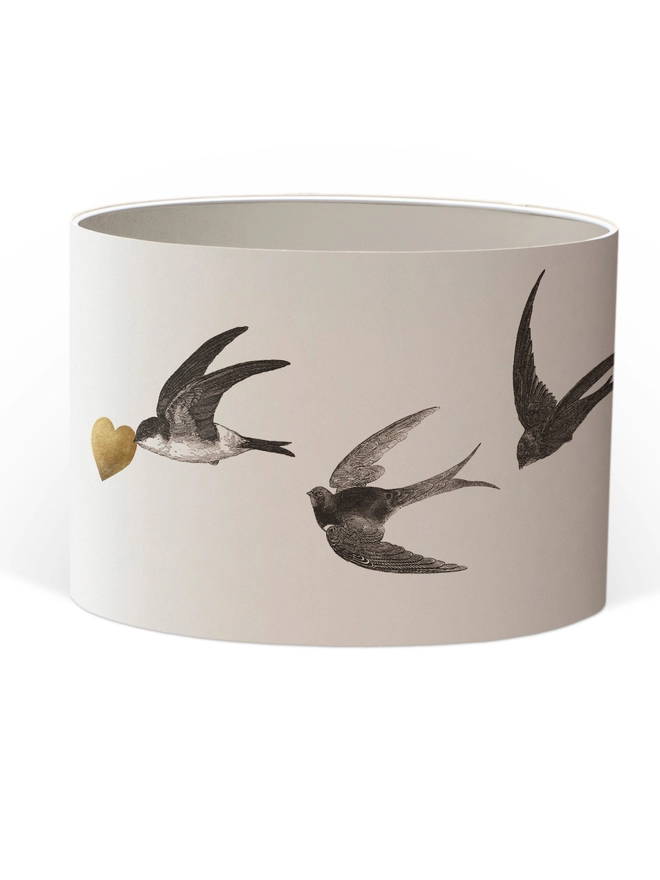 Drum Lampshade featuring Swallows with a white inner on a white background