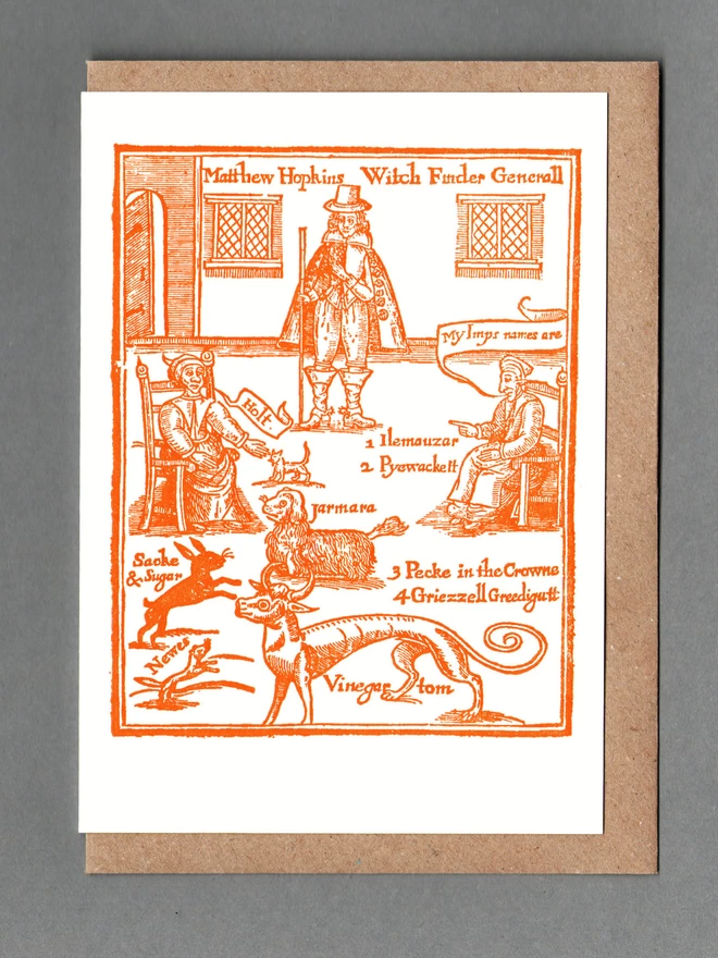 White card with orange illustration and text reading ‘Mathew Hopkins Witch Finder Generall' with a brown envelope behind.