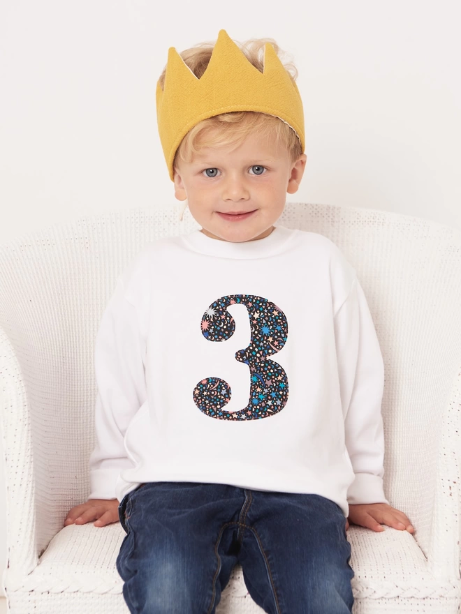 Childrens T-shirt in white with initial on the front in Fizz Pop Black Liberty print fabric