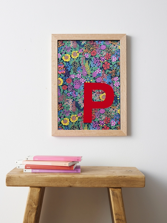 Personalised framed red initial on Liberty Ciara fabric