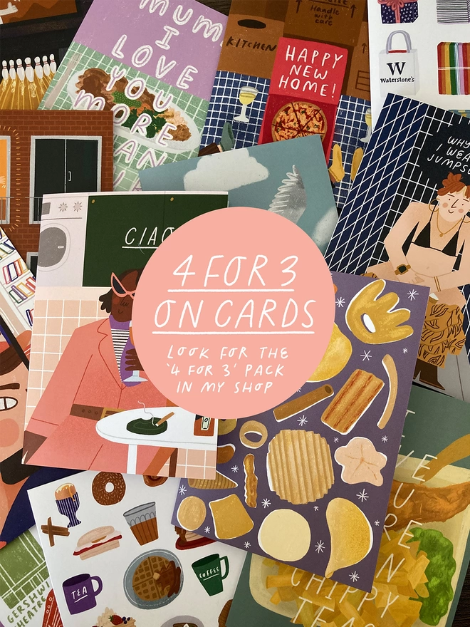 Selection of illustrated greetings cards, with message of ‘4 for 3 on cards’