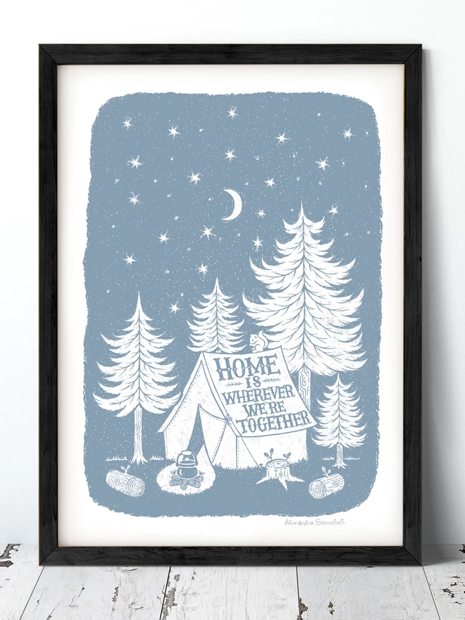 grey and white woodland scene print with tent trees and squirrel and words home is wherever we're together