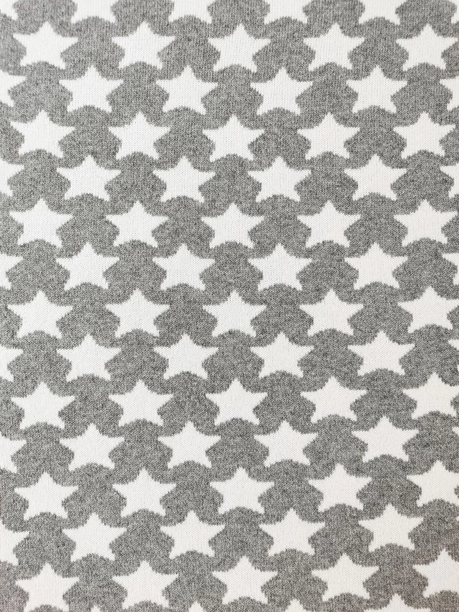 A close up of the pattern detail showing the reverse colourway of the knitted star blanket, white pattern on grey background.