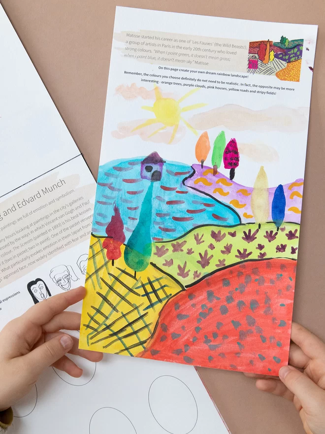 Funny Feelings Sketchbook for Children drawing colourful landscapes from how we feel, inspired by David Hockney