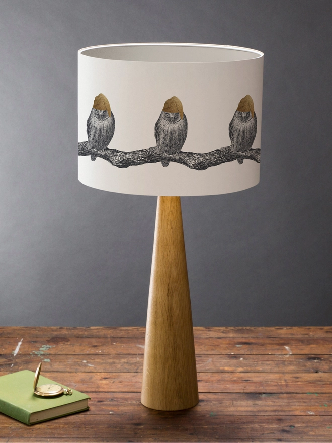 Drum Lampshade featuring little owls wearing a gold nightcap sitting on a branch on a wooden base on a shelf with books and ornaments