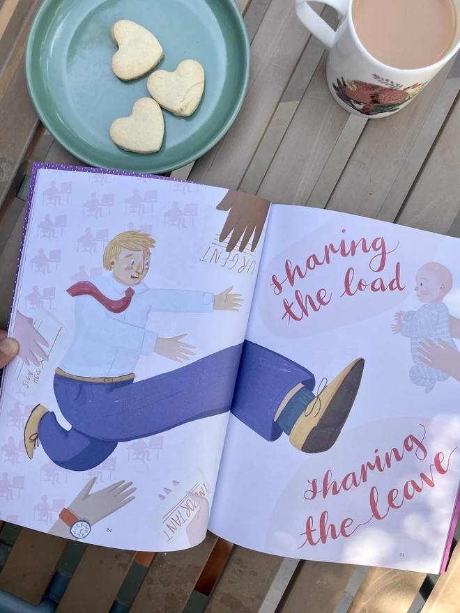 Illustration of a man leaping toward a baby inside Sonshine magazine issue 21 on a garden table with a cup of tea 