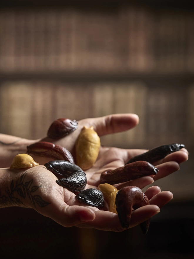 Solid chocolate slugs in various slimy poses held in woman's hands