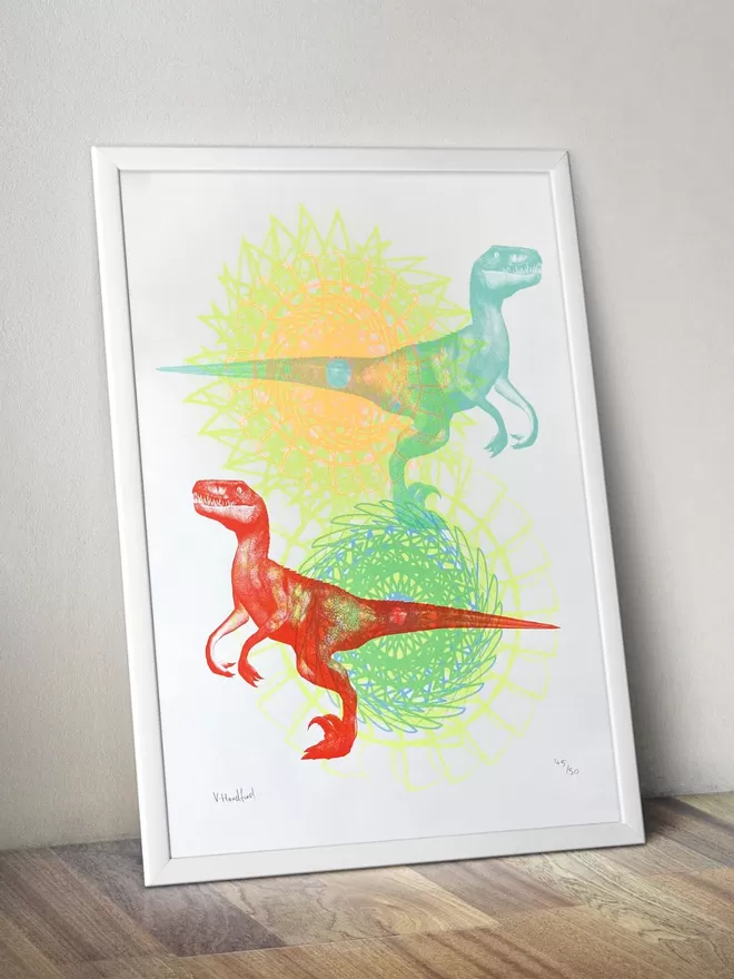 Psychedelic Raptor Rave - Screen Printed Dinosaur Poster - mock up in a frame