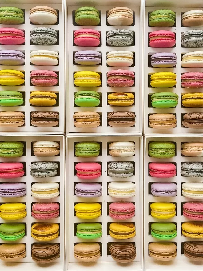 many different coloured macarons in a white gift box