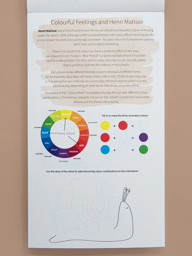 Funny Feelings Sketchbook for Children inspired by Matisse and his Snail, activity looking at complementary colours