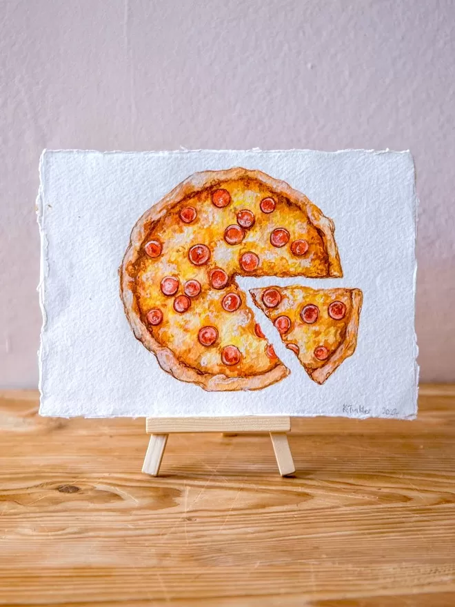Katie Tinkler illustration of Pizza seen on a wooden table with a pink background.