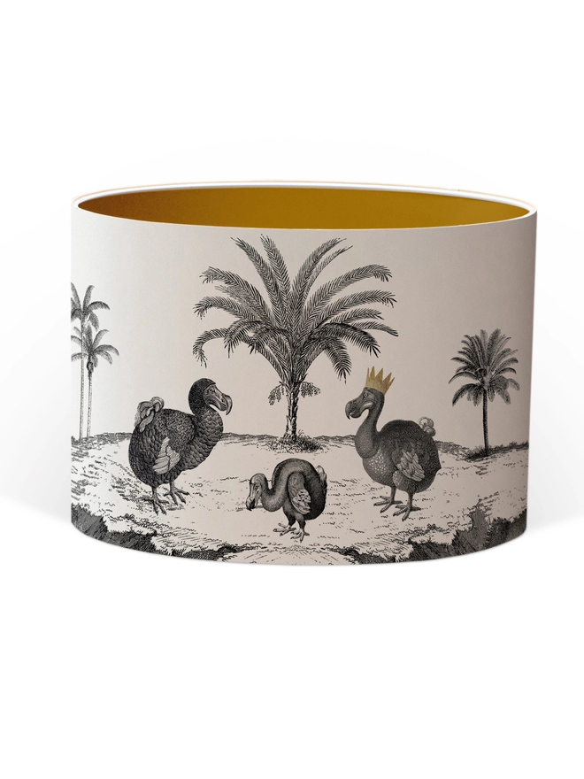 Drum Lampshade featuring Dodos with a Gold inner on a white background
