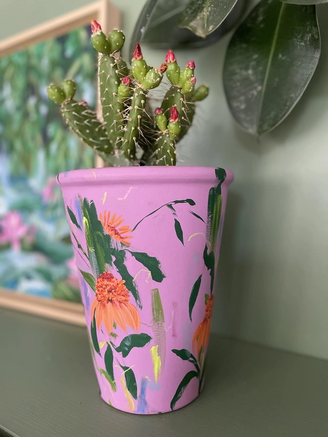 Bright Pink Hand Painted Tall Vase