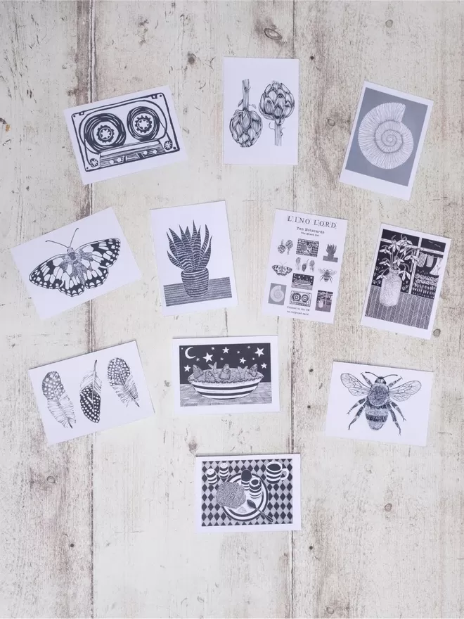 Pack of Ten Notecards with mixed Images, taken from original lino prints.