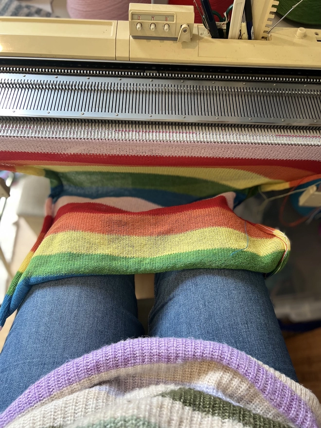 Rainbow Striped snood on the knitting machine
