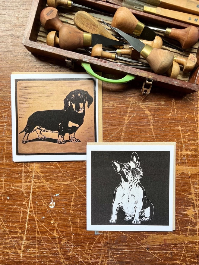 dachshund and French bull dog cards