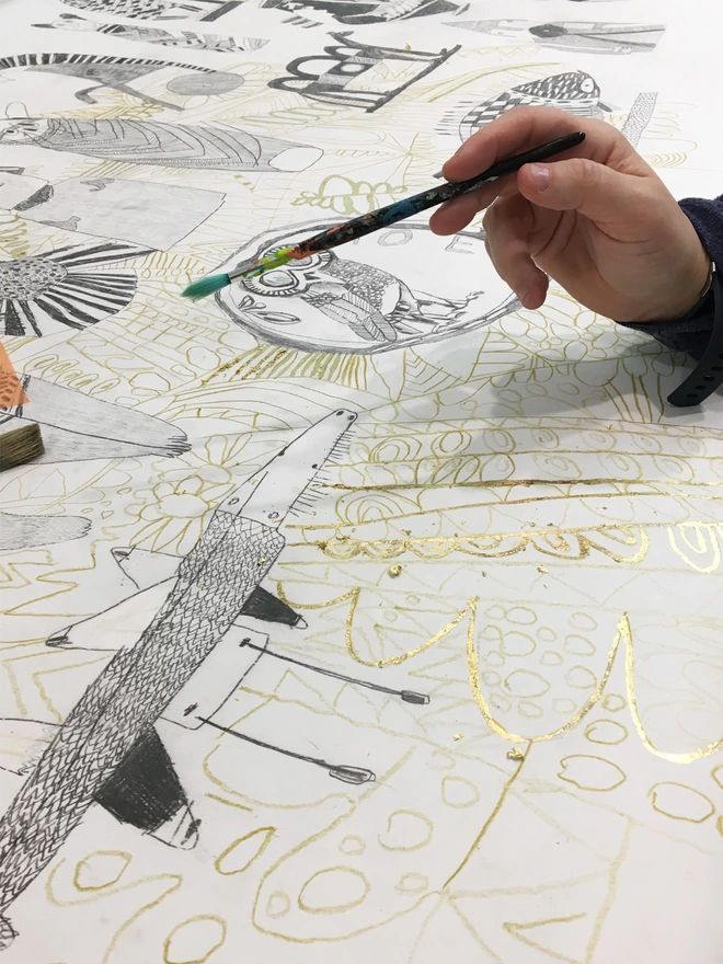 Artists drawing charity original timeless treasures artwork in pencil and gold leaf
