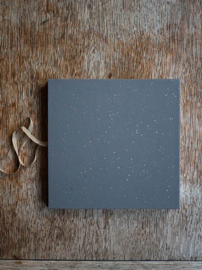 Back of a hand-bound book with a gold-speckled dark grey cover, and gold silk ribbon ties