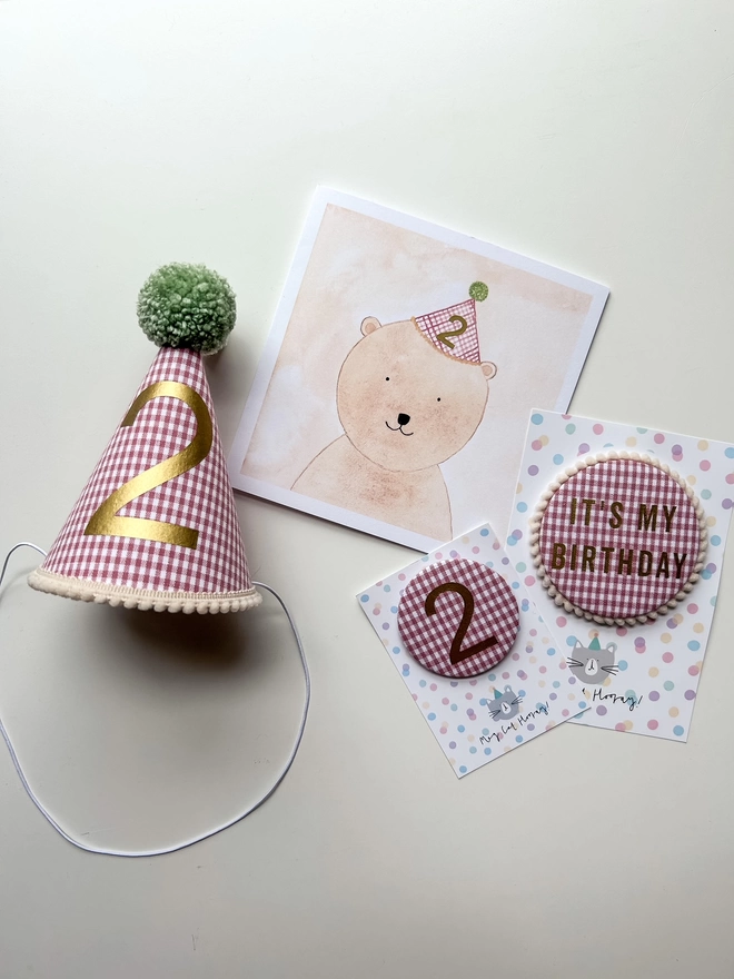Bella Bear Birthday Card & Matching Party Hats & Badges