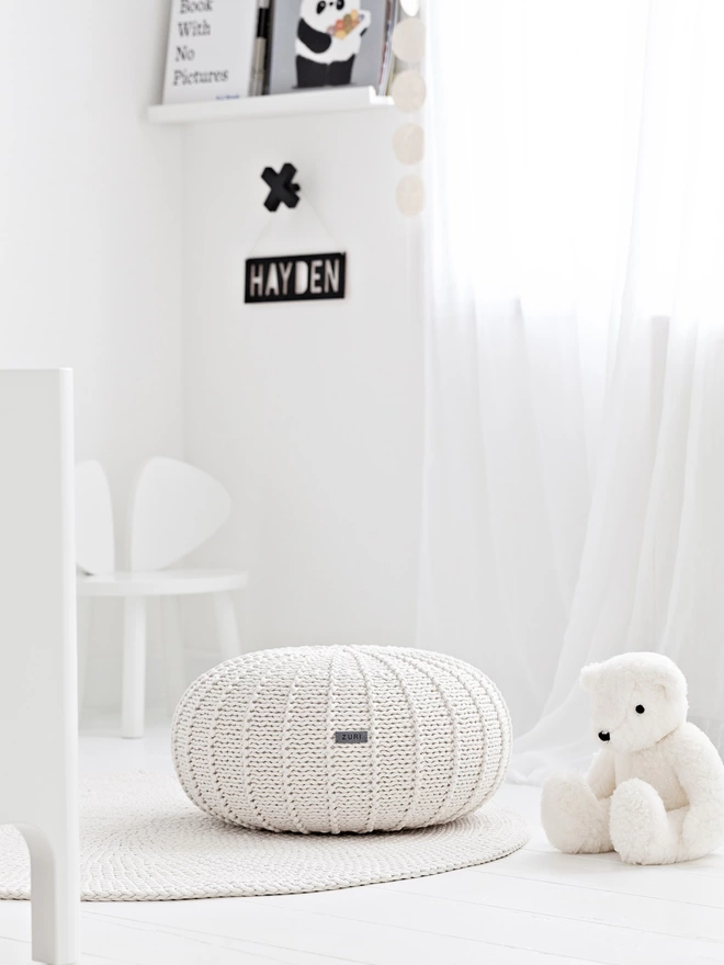 knitted white cotton pouffe for kids