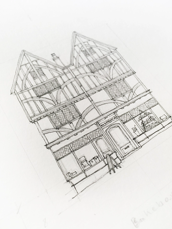 A work in progress sketch of The Bakehouse at 124, bakery in Tonbridge. The black pen outline is an organic loose style with small details being added in. A photo taken at an angle showing some of the detail. 