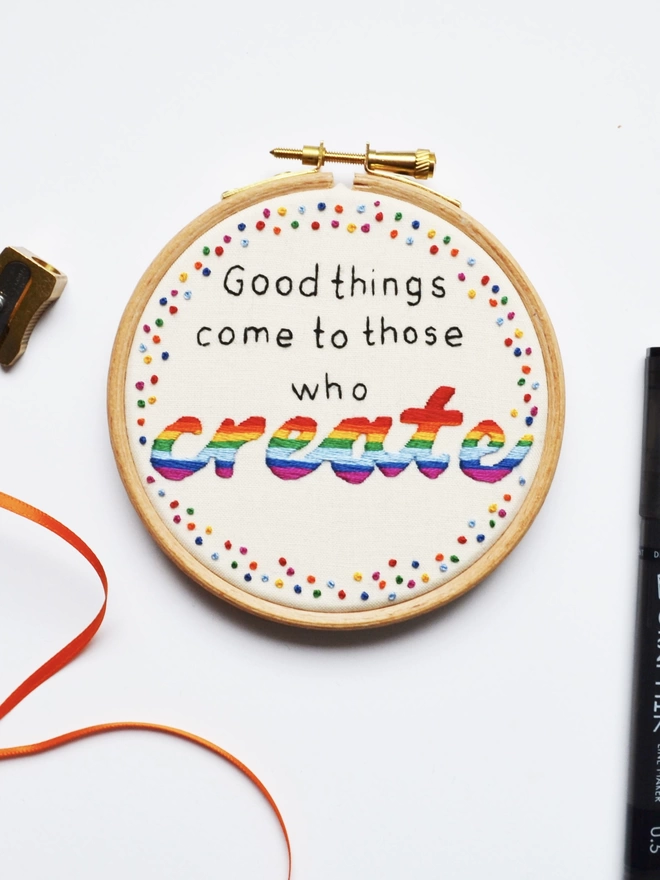 Good things come to those who create rainbow hand embroidery hoop
