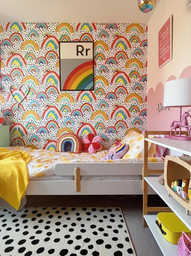 Kids bedroom with rainbow wallpaper and R for Rainbow alphabet wall print