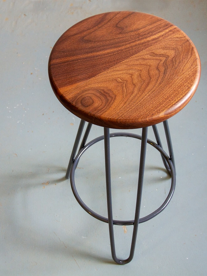 hairpin leg bar stool with walnut top and charcoal black legs
