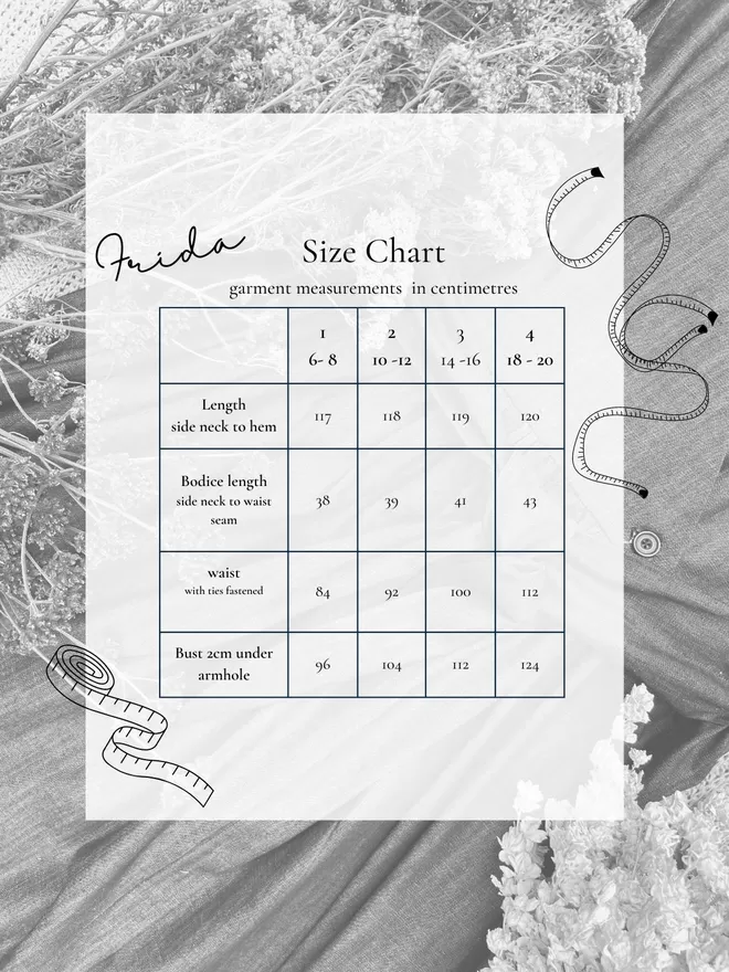 garment measurement chart for Frida wrap pinafore dress 