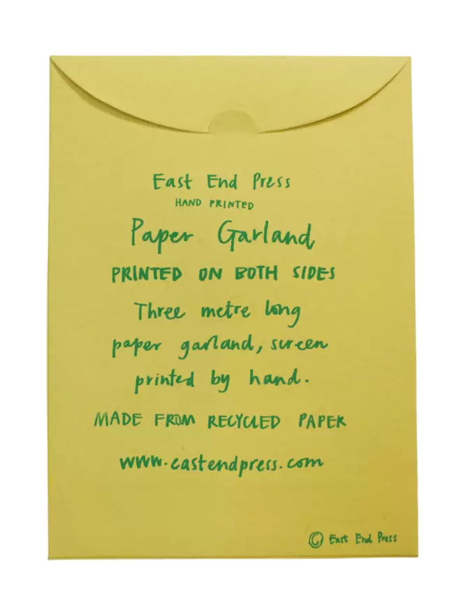 Back of packaging with a description of the garland in green font.