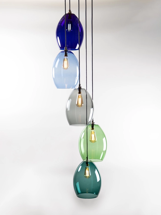 Large Bertie 5 Way Coloured Glass Chandelier Cluster Light . Shown In Dark Blue, Pale Blue, Smoke, Green And Teal