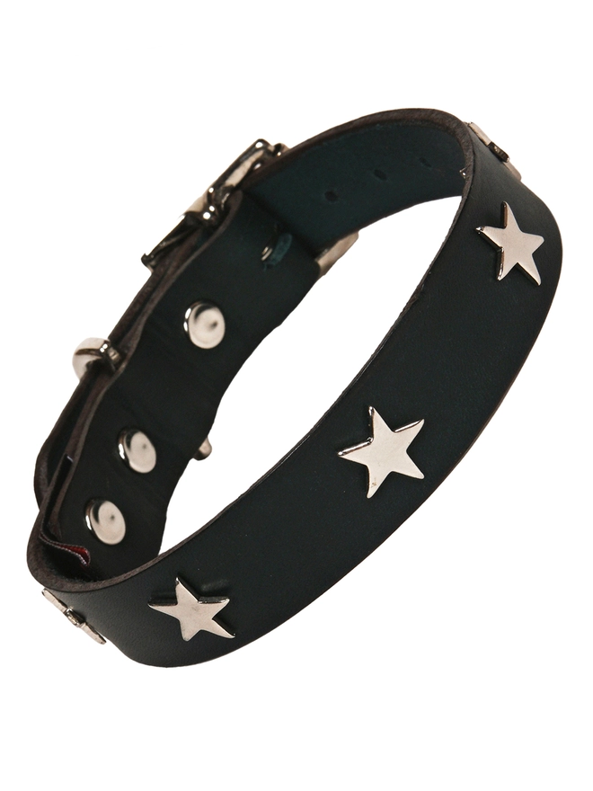 Creature Clothes Black Leather Dog Collar with Silver Stars