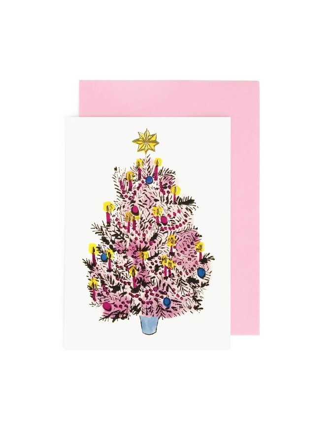 Greeting card with an image of a pink Christmas Tree, with a pink envelope