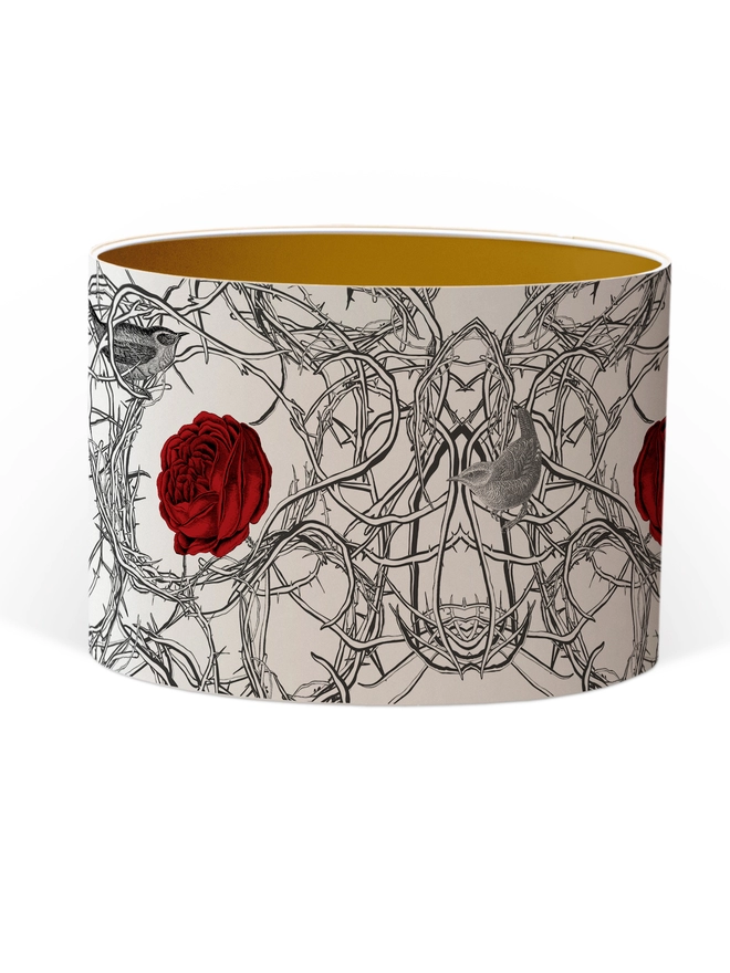 Drum Lampshade featuring red roses in branches with birds with a Gold inner on a white background