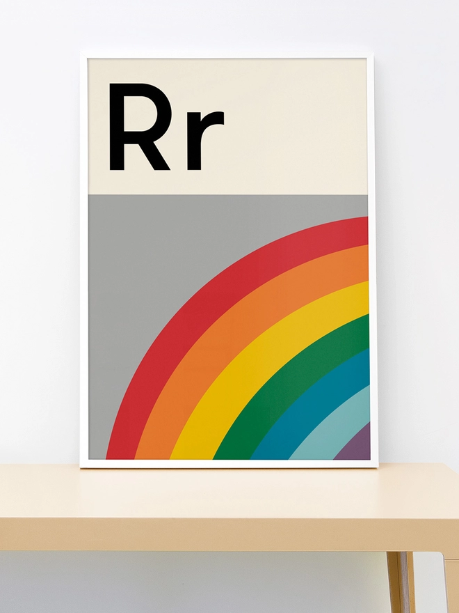 Alphabet Wall print / poster of rainbow on grey background with letter R