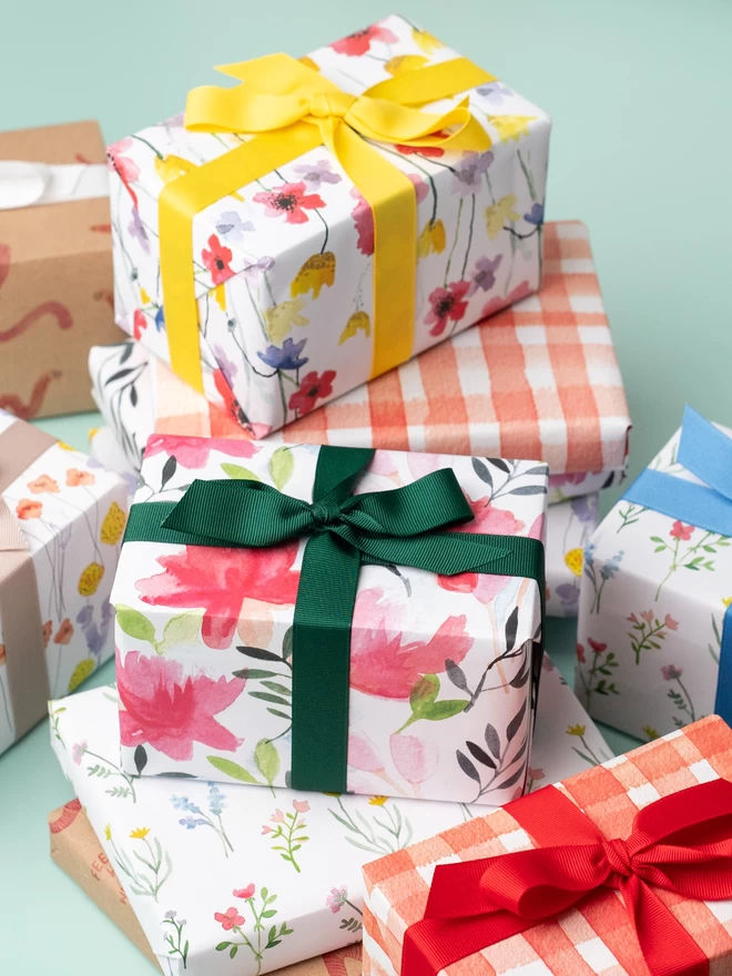 a selection of presents wrapped in Ruby & Bo recycled wrapping paper