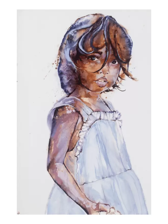 A full image of 'Jorani'. A young girl wears a blue pinafore dress and looks caught off guard - her eyes meeting ours in a direct gaze. She holds a piece of bread in her hand.