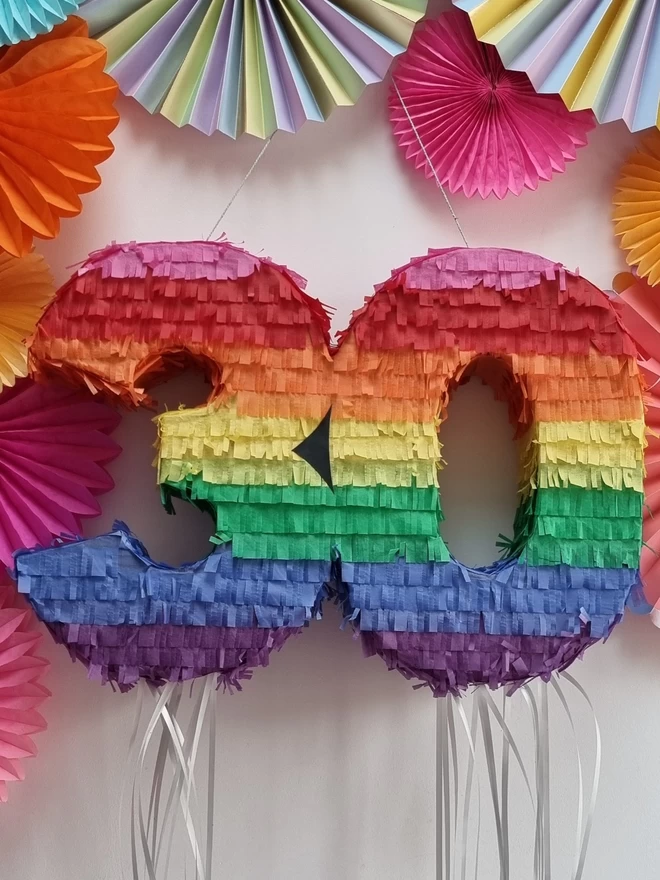 rainbow striped number pinatas for a special  birthday with pullstrings