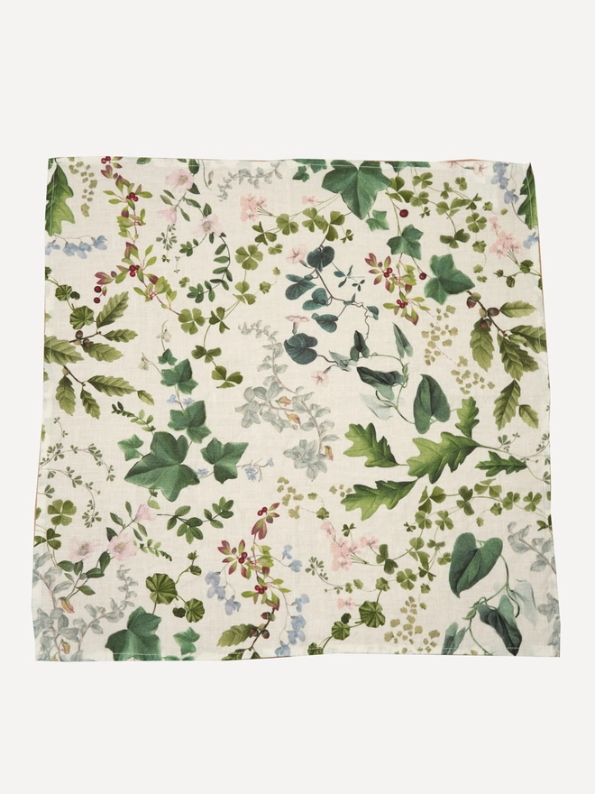 linen napkin printed with leaves and flowers