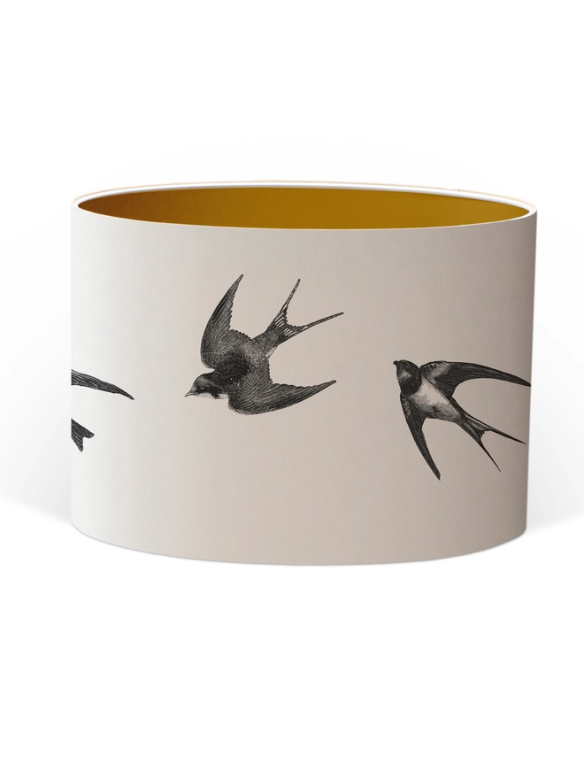 Drum Lampshade featuring Swallows with a Gold inner on a white background