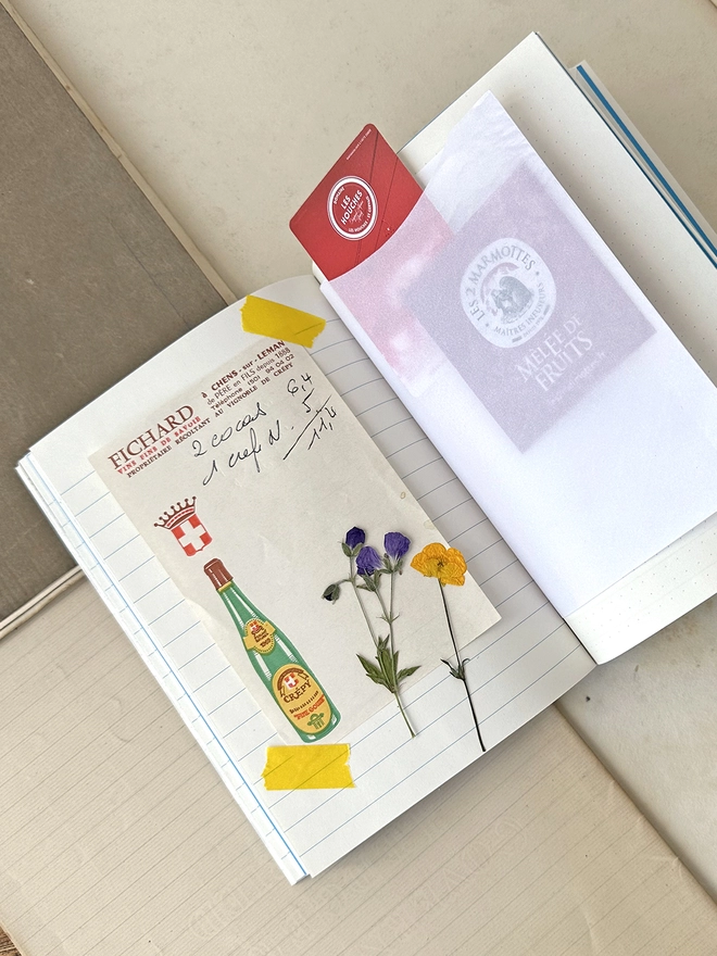 Inside pages of the travel journal showing glassine pockets and dried flowers