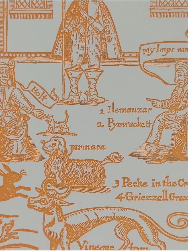 Close up of White card with orange illustration and text reading ‘Mathew Hopkins Witch Finder Generall'.