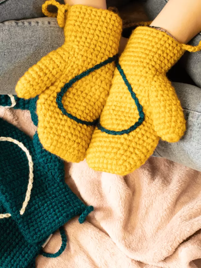 Mustard Yellow mittens with a teal heart