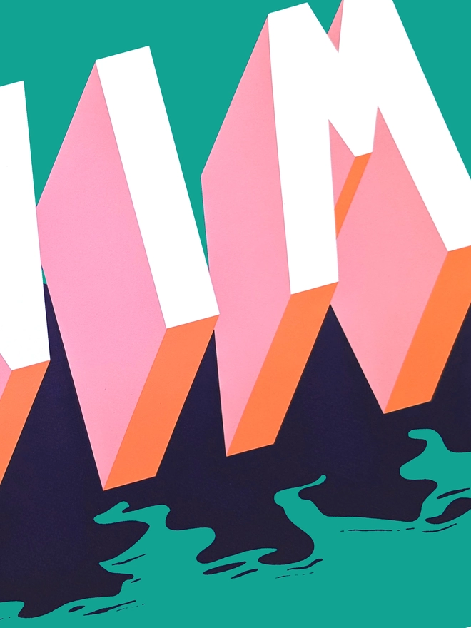 Detail of a screenprint of 3d typography in pink, orange and blue on a green background by artist Survival Techniques. The letters have a watery shadow.