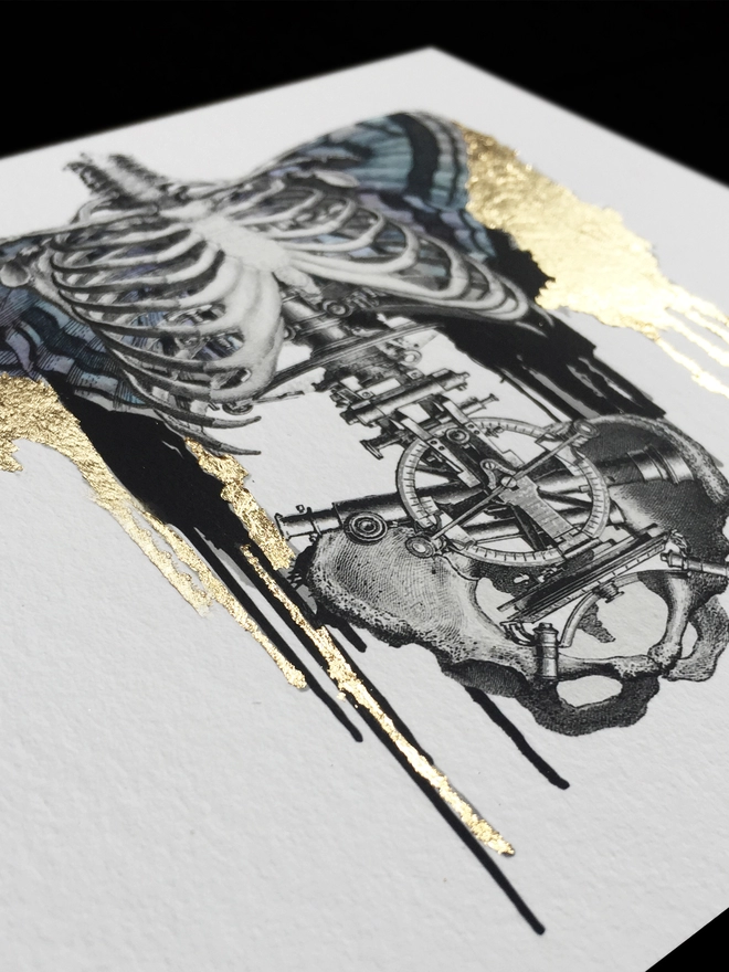 Marionette skeleton limited edition giclee print hand finished with gold leaf - digital print